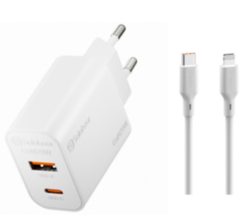 GaN 20W Fast Charger Kit With 1m C-L Cable (2 Port | USB C + USB A) EU Plug