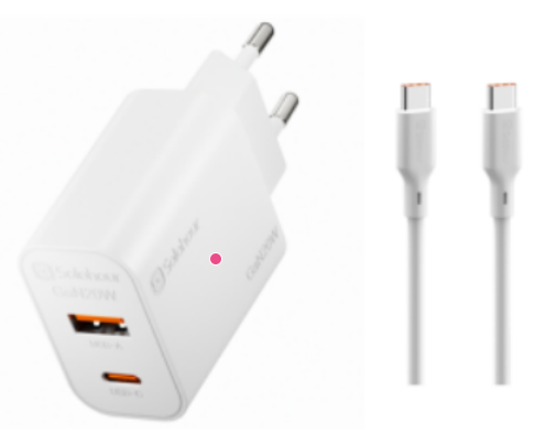 GaN 20W Fast Charger Kit With 1m C-C Cable (2 Port | USB C + USB A) EU Plug